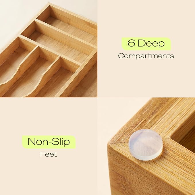 Drawer Organizer with Knife Block for Kitchen Organization, Bamboo Silverware Drawer Organizer, Compact Bamboo Cutlery Tray for Flatware and Utensils, Removable 7-Slot Knife Block for Kitchen Drawers - Image 3