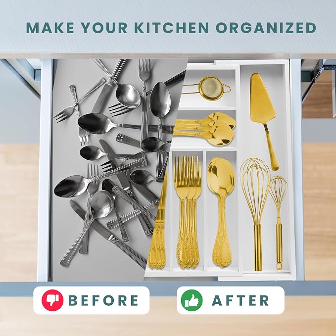 Sben Expandable Drawer Organizer for Utensils Holder, Adjustable Cutlery Tray, 6-8 Slots, Premium Wood Drawer Dividers Organizer for Silverware, Flatware, Knives for Kitchen (White) - Image 5
