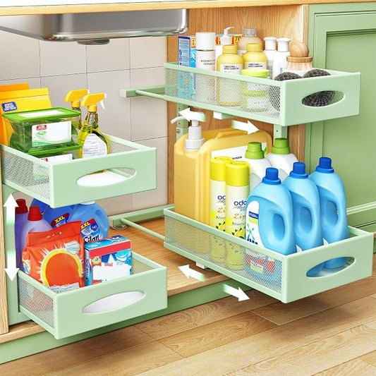 2 Pack Under Sink Organizer, 2 Tier Pull out Cabinet Organizer Mesh Baskets with 5 Adjustable Heights, Sliding Drawers Storage Shelf for Home, Kitchen, Bathroom, Pantry, Office, Countertop ,Green by Kitstorack