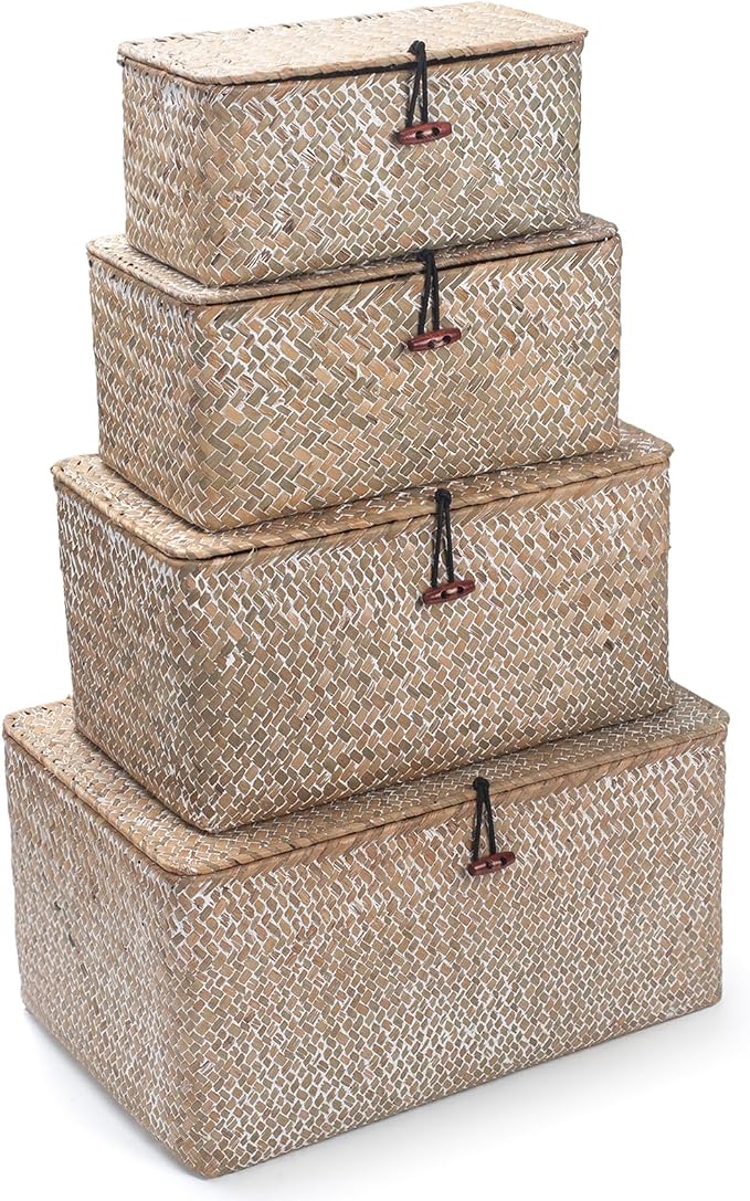 Wicker Basket with Lid, Seagrass Storage Basket, Woven Decorative Storage Baskets for Shelf Organizing, Whitewash - Image 7