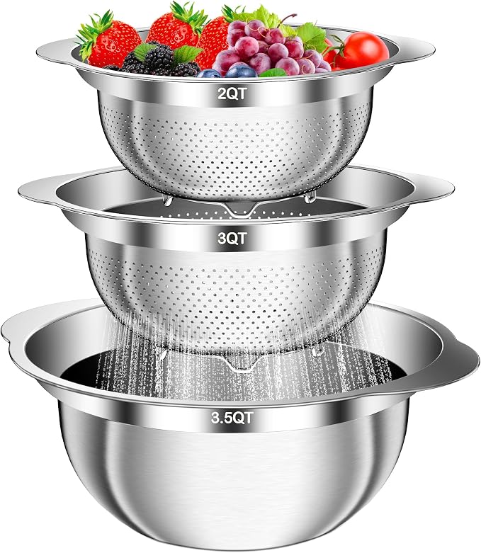 Colander, Stainless Steel Colander with Mixing Bowls (3.5QT), 3Pcs Strainer for Kitchen Gadget Food Strainer Basket with Handle, Colanders Bowl for Pasta Noodles Spaghetti Vegetables Fruit (3.5+3+2QT) by AUFETQ