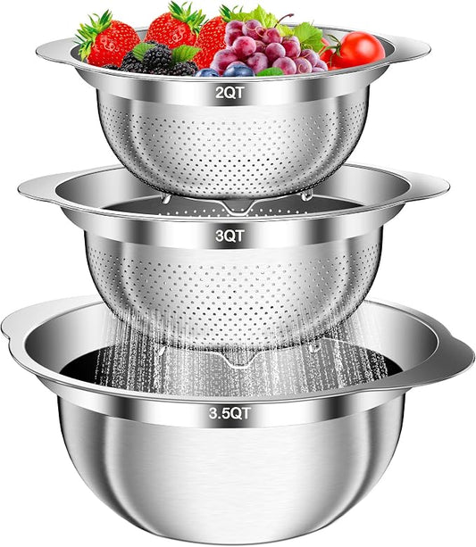 Colander, Stainless Steel Colander with Mixing Bowls (3.5QT), 3Pcs Strainer for Kitchen Gadget Food Strainer Basket with Handle, Colanders Bowl for Pasta Noodles Spaghetti Vegetables Fruit (3.5+3+2QT) by AUFETQ