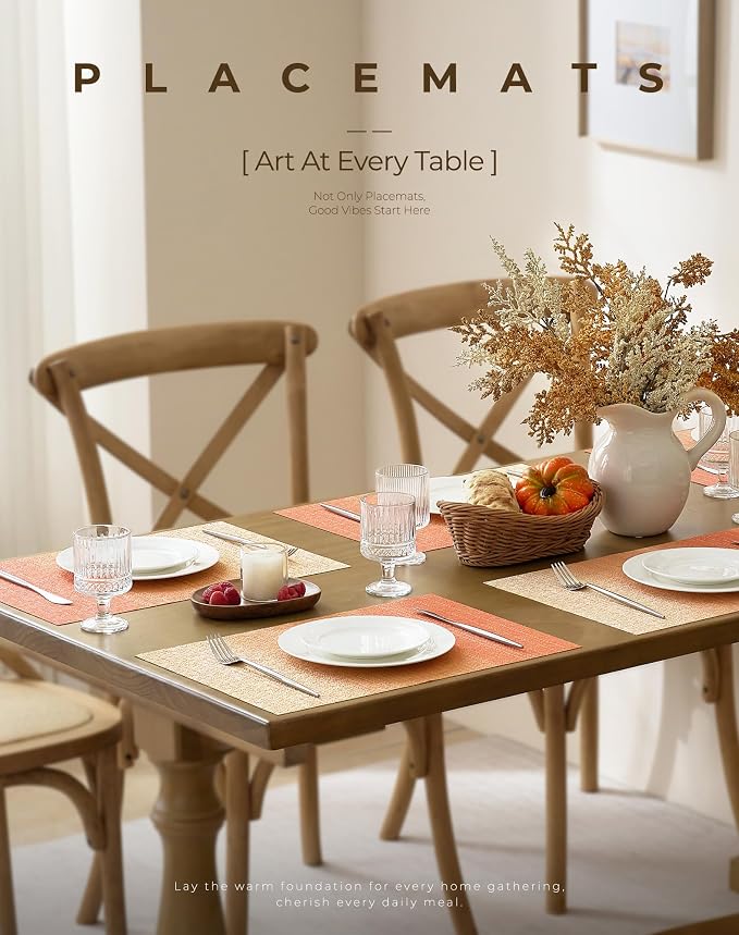 Leetaltree Gradient Burnt Orange Woven Placemats Set of 6 - Heat Resistant Non-Slip Place Mats for Dining Table, Washable Durable PVC Vinyl Woven Table Mats(Gradient Orange-red, 6) - Image 2