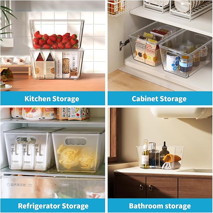 Clear Fridge Organizer with Handles & Lids, 6 Pack Large 11.5×7.5×6 Inch | Stackable Clear storage bins with handles, food organizer basket for kitchen, fridge, freezer - Image 4