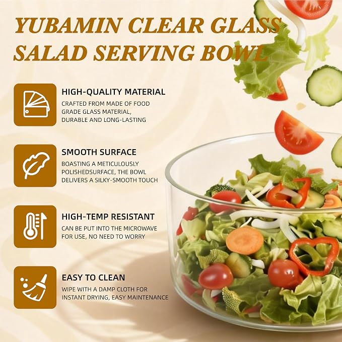 Glass Salad Bowl with Lid, 9.8" Large Glass Mixing Bowls with Acacia Wood Lids Set & Serving Utensils, 200oz Trifle and Serving Bowl for Salads, Fruit, Pasta, Dessert, Popcorn, Microwave Safe - Image 4