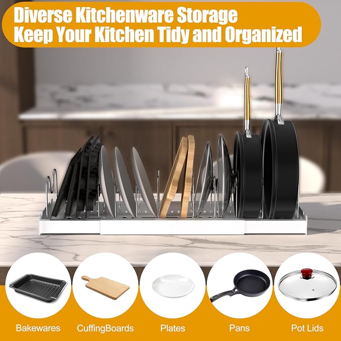 Pot and Pan Organizer 2 Pack,Expandable Lid Organizer Inside Cabinet | Easy to Install, Each Rack Contains 10 Frames, Easy to Clean, 304 Stainless Steel, High-Strength PP Plastic, White - Image 5