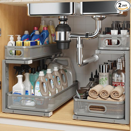 2 Pack 17.3IN-Depth Under Sink Organizer with Smooth Cylindrical Rail,2-Tier Pull Out Multi-Purpose Cabinet Storage for Bathroom&Kitchen,Height Adjustable,Rust-Resistant Coating-Gun Gray by UnderSinkOrganizer