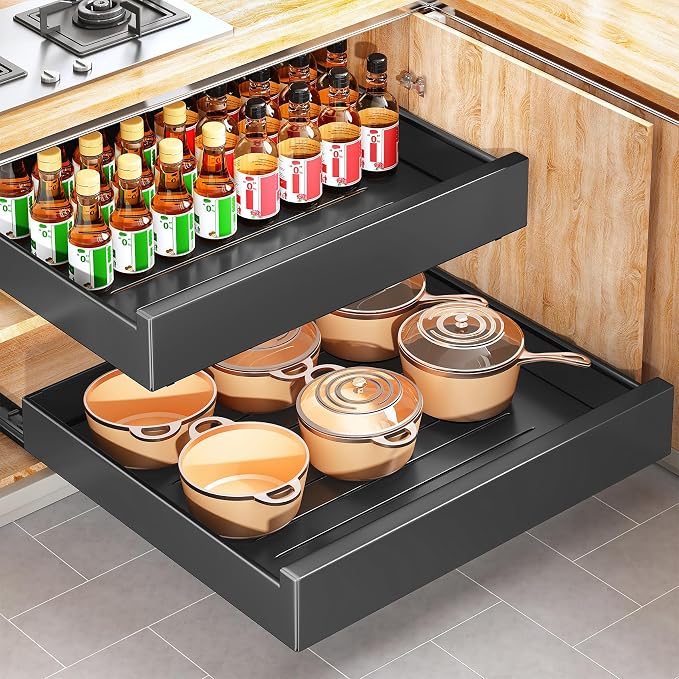 Pull Out Cabinet Organizer with Nano Adhesive, Heavy Duty Full-Extension Slide-Out Drawer for Kitchen Cabinet Organizers and Storage, No Drill Roll out Pantry Shelf, 22.4"W x 16.9"D x 3.1"H , Black by Kitstorack