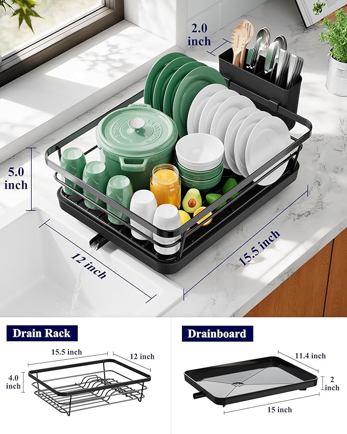 Kitsure Dish Drying Rack for Kitchen Counter, 12''W x 15.5''L, Black | Stainless Steel Sink Organization, Cutlery Holder, Home and Appartment Decor - Image 5
