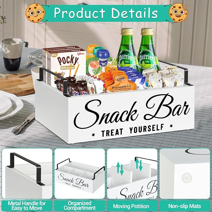 Snack Organizer for Countertop, Wood Pantry Storage Bins with Handles, Snack Bar Organizer for Pantry Shelf, Kitchen, 4 Compartment Food Container Snack Box, Pantry Organizer for Snacks, Chips - Image 6