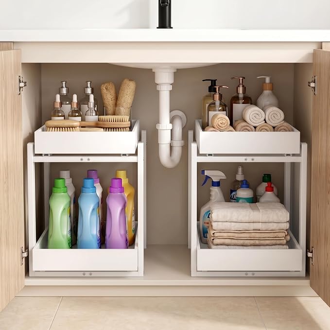 MHXW SXPN Bamboo Under Sink Organizer, 2 Pack Pull Out Cabinet Organizer | 2 Tier Vertical Smooth Slide Out Undersink Storage Shelf | Multi-Purpose Organizer Shelves for Kitchen Bathroom Medicine - Image 5