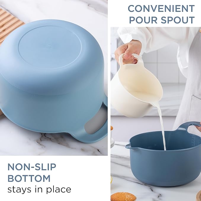 COOK WITH COLOR Nesting Plastic Mixing Bowl Set with Pour Spouts and Handles, Blue, 4 Piece Non-Slip - Image 2