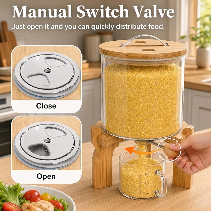 Goaste Glass Rice Dispenser with Bamboo Stand, 5L Flour Cereal Container with Airtight Lid, 8 Lbs Large Grain Food Storage Bucket, Countertop Beans Storage Tank with Measuring Cup & Valve for Dry Food - Image 4