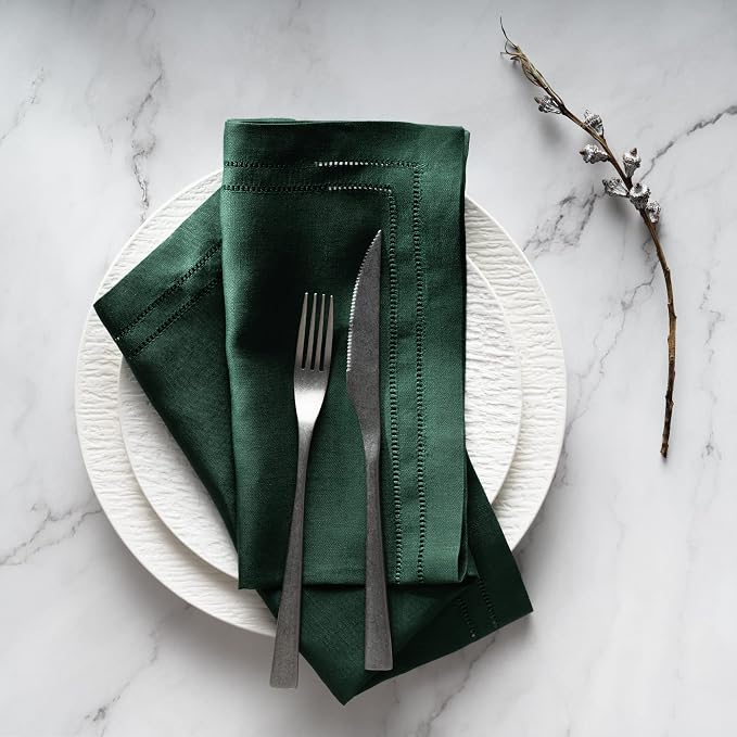 Linen Napkins 20 x 20 inch - 100% Flax Linen Forest Green Double Hemstitch Dinner Napkins Set of 4 - Cloth Napkin Washable for Winter and Christmas Decor - Image 2