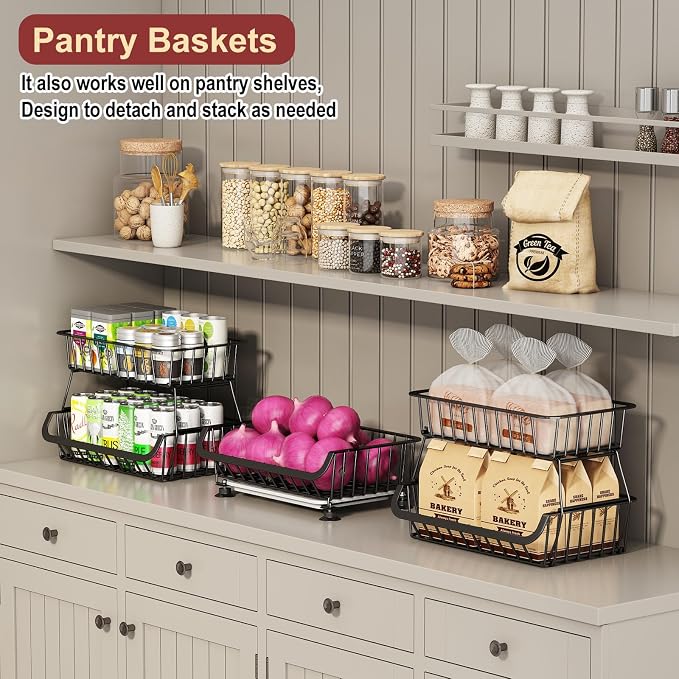 3-Tier Rolling Pantry Cart with Wheels, Stackable Wire Storage Floor Organizer for Kitchen Pantry Snack Shelves, Fruit Basket Stand, Vegetable Storage Rack for Food Snacks Onion Potato - Image 4