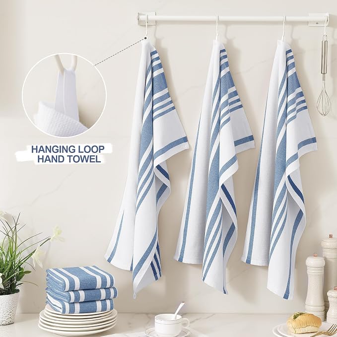 Homaxy Premium Cotton Stripe Kitchen Towels 3 Pack, 18"x 28", Navy Blue | Large 380 GSM Kitchen Hand Towels, Soft Terry Dish Towels, Highly Absorbent Tea Towel Set with Hanging Loop - Image 3