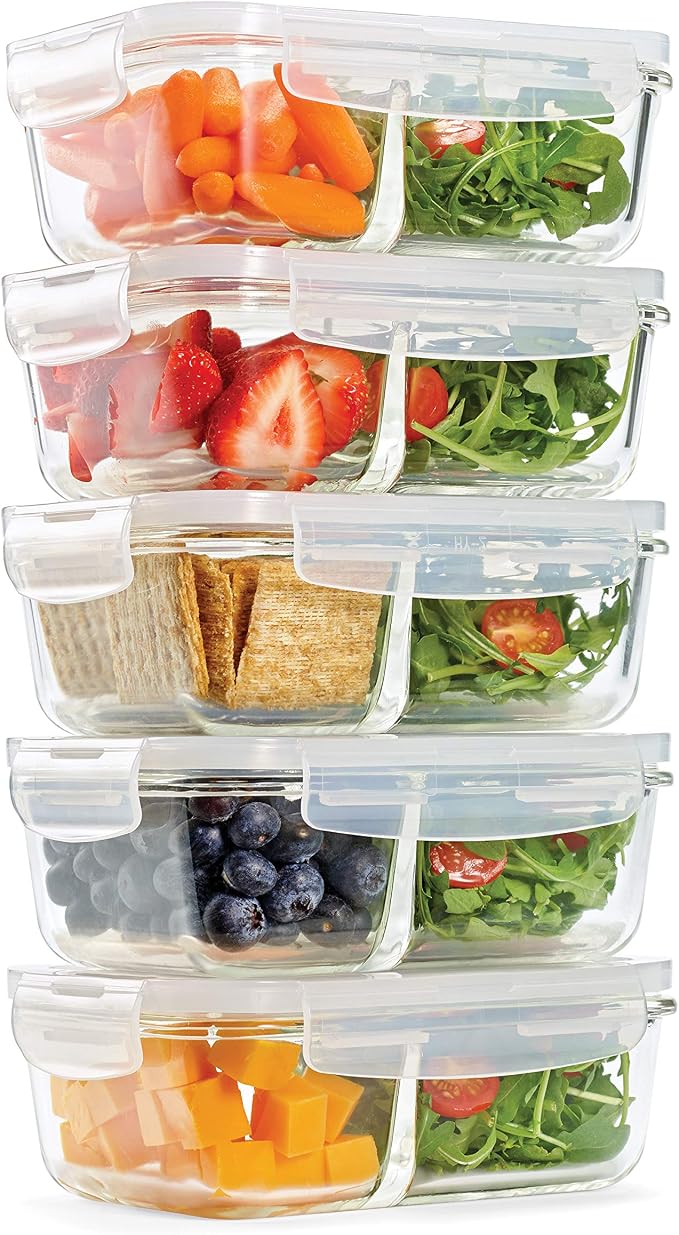 Fit & Fresh Divided, 5-Pack, Two Compartments, Set of 5 Containers with Locking Lids, Glass Storage, Meal Prep Containers with Airtight Seal, 27 oz. by fitfresh