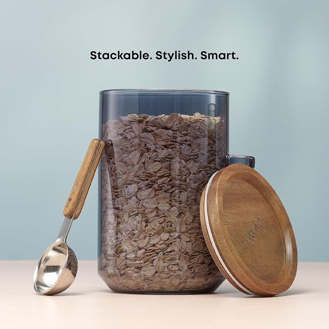 JoyJolt Holden 32oz Stackable Glass Storage Containers with Lids and Scoops, Airtight Food Canister Set of 3 w/Acacia Wood Lids, Round Stacking Pantry and Kitchen Containers w/Scoop | Smoke Blue - Image 8