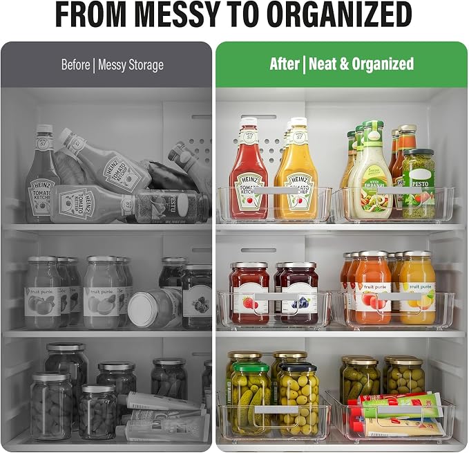 Fridge Organizer Bins with Wheels, Pull Out Fridge Organizer, Adjustable Dividers and Easy Pull Handles, Clear Plastic, 2-Pack, Suitable for Kitchen, Pantry and Cabinet Deep Shelves - Image 6