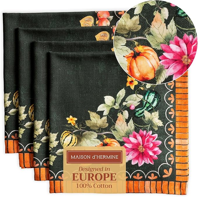 Maison d' Hermine Cloth Napkins Set of 4 Reusable 100% Cotton (20" x 20") | Everyday Square Napkins Cloth Washable Dinner Wedding Restaurant Kitchen Thanksgiving Christmas - Pumpkin Garden - Dark Green by MaisondHermine