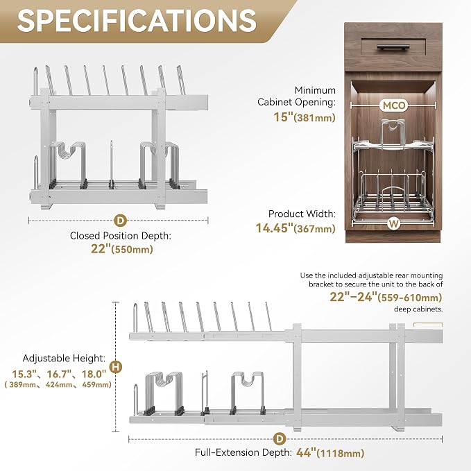 2-Tier Pots and Pans Organizer Under Cabinet Kitchen 15" W *22" D | Pull out Cabinet Organizer for Pots, Pans, and Lid Cookware, Adjustable Heavy Duty Wire Pan and Pot Rack, Full-Extension Rail - Image 2