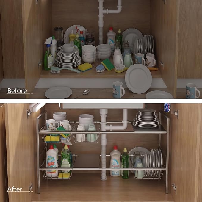 Under-Sink Organizer 2-Tier Expandable Cabinet Storage (5 panels 5baskets) | LED Motion-Sensing Auxiliary Lighting Dial Thermometer Stainless Steel Telescopic & Adjustable Rust-Resistant - Image 3