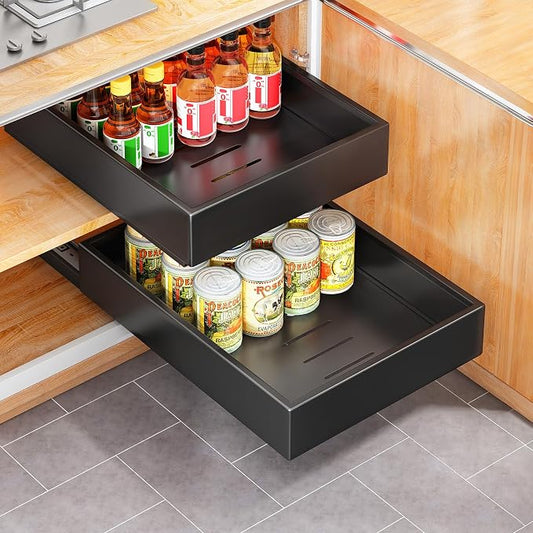 2Pack Pull out Cabinet Organizer, 21"Deep, Heavy Duty Full-extension Slide out Drawers for Kitchen Cabinet, Roll out Shelf Storage with Nano Adhesive for Pots,12"W x 21"D x 3.1"H, Black by Kitstorack