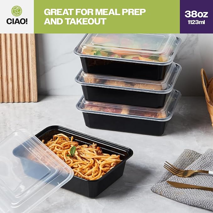 CIAO! Heavy Weight 38oz Injection Molded Microwavable Black Rectangular Food Container with Lid (150/case) - Image 7