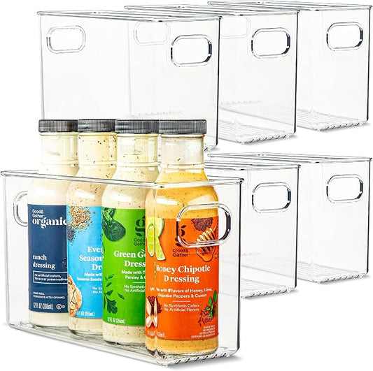Plastic Food Storage 6 Pack Clear Container Bin with Handles for Organizing Kitchen, Pantry, Refrigerator, Freezer, Pantry, Cabinet, Closet, Bathroom. 10”x4”x6” by primebox