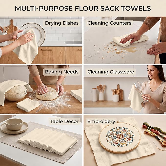 Flour Sack Towels – 15 Pack, 28x28 Inch, 100% Cotton – Flour Sack Dish Towels for Drying Dishes, Baking, Bread Proofing, Crafting & Embroidery – Reusable Beige Kitchen Towel - Image 4
