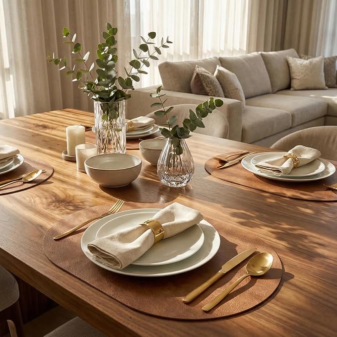 Oval Placemats 2mm Ultra Thick Faux Leather Table Mats, Heat Resistant Waterproof Wipeable Dining Mats for Kitchen Table, Set of 6, Light Brown - Image 5