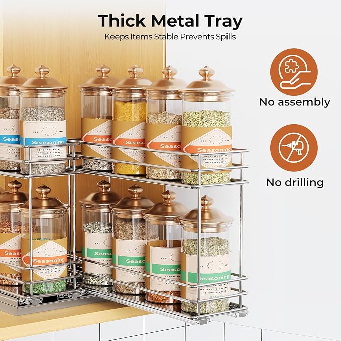 Mystozer Pull Out Spice Rack Organizer for Cabinet, Slide Out Spice Racks, Easy to Install, 7.08" Wx10.43 Dx8.26 H, 2 Drawers 2 Tiers(Silver) - Image 4