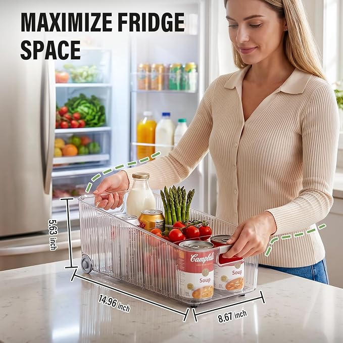Pull Out Fridge Organizer Bins with Wheels, 8 Dividers, 2-Pack | Clear PET storage bins with handles, rear wheels and adjustable dividers for refrigerator, pantry and cabinet shelves - Image 4