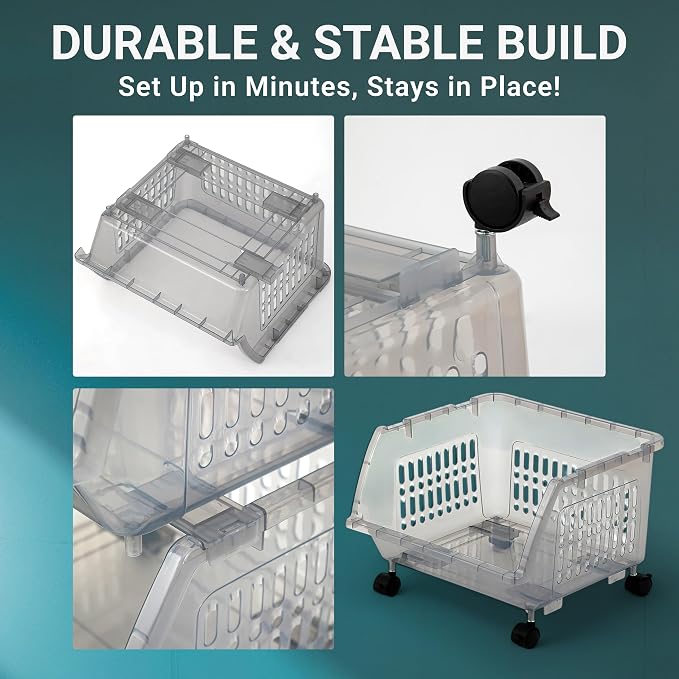 Large Stackable Storage Bins Open Front with Wheels, 4 Pack - Light Grey | Easy Assembly, Sturdy Plastic, Open Front Access, Smooth Rolling Wheels, Stackable, Large Capacity Storage - Image 5