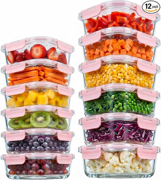 Konokyo Square Glass Food Storage Containers with Lids, Meal Prep, 12 Pack | Airtight Leakproof Meal Prep Containers, BPA-Free, Microwave Oven Freezer & Dishwasher Safe, Assorted Sizes by Konokyo