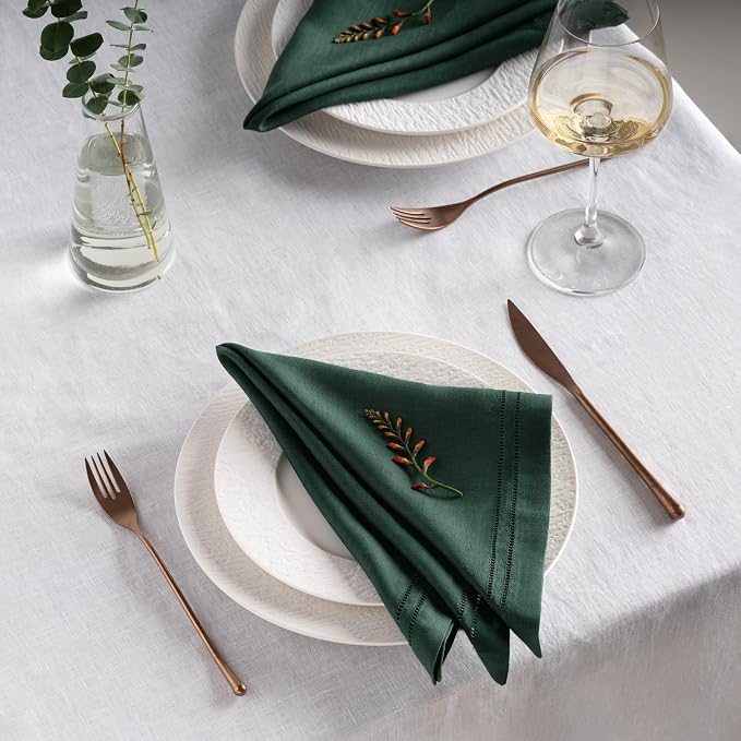 Linen Napkins 20 x 20 inch - 100% Flax Linen Forest Green Double Hemstitch Dinner Napkins Set of 4 - Cloth Napkin Washable for Winter and Christmas Decor - Image 4