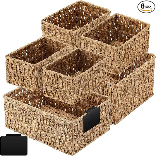 Marsui 6 Pcs Wicker Storage Baskets for Pantry Organization with Labels Handwoven Paper Rope Multi-size Natural Wicker Storage Bins for Organizing Small Baskets Container for Shelves Closet Toilet by Marsui