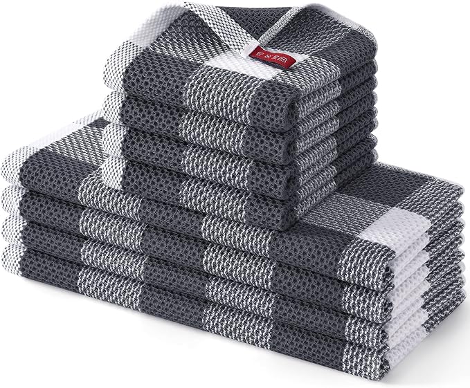 Homaxy Kitchen Towels and Dishcloths Set, Set of 8, White & Dark Grey | Bulk Cotton Waffle Weave Check Plaid Kitchen Towels, Super Soft and Absorbent Dish Cloths, 12 x 12 and 13 x 28 Inches by Homaxy