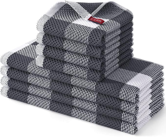 Homaxy Kitchen Towels and Dishcloths Set, Set of 8, White & Dark Grey | Bulk Cotton Waffle Weave Check Plaid Kitchen Towels, Super Soft and Absorbent Dish Cloths, 12 x 12 and 13 x 28 Inches by Homaxy