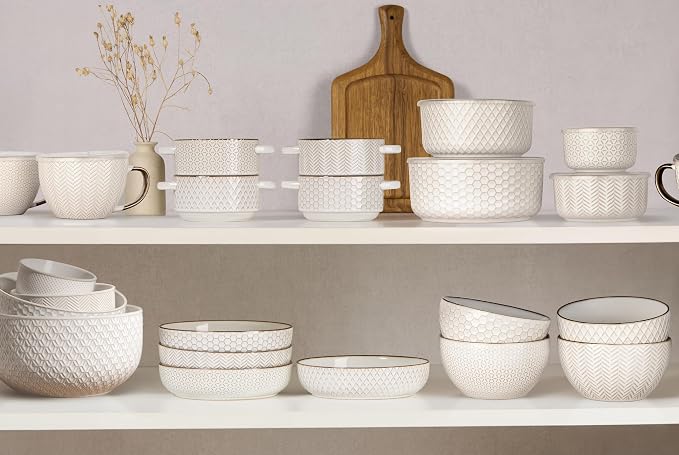 KooK Ceramic Mixing Bowls, Nesting Set of 4, Embossed Kitchen Dishware, Prep, Serving, Gift, Microwave and Dishwasher Safe, 20/44/98/145 oz, Narbonne Collection (Ivory) - Image 5