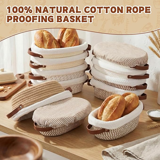 Gisafai 12 Set Banneton Bread Proofing Baskets Bulk 10 Inch Oval Cotton Rope Artisan Sourdough Bread Banneton Dough Proofing Bowls with Cloth Liners and Covers for Homemade Baking Bakery - Image 5