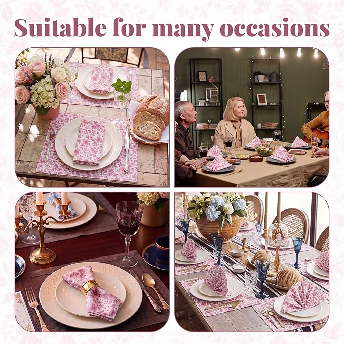 Tegeme 24 Pcs Pink and White Floral Cloth Napkins 15" x 15" Reusable Cotton Napkins, Pink Floral Napkin for Spring Tea Party, Wedding, Catering & Home Decor - Image 4