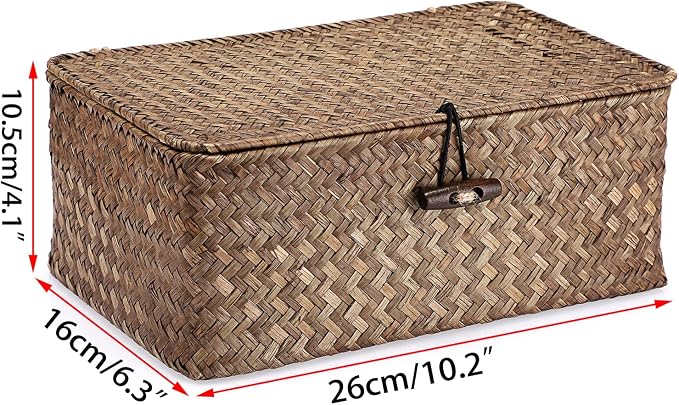 Hipiwe Wicker Shelf Baskets Bin with Lid Small Handwoven Storage Basket Box | Natural Seagrass Basket Bins Rectangular Household Basket Boxes for Shelf Wardrobe Home Organizer, Coffee - Image 6