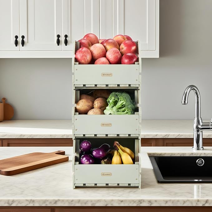 Wood Potato Onion Storage Bins - Wooden Stackable Produce Basket - Fruit Vegetable Storage for Kitchen Pantry Organization, Set 3 Pieces - Image 4