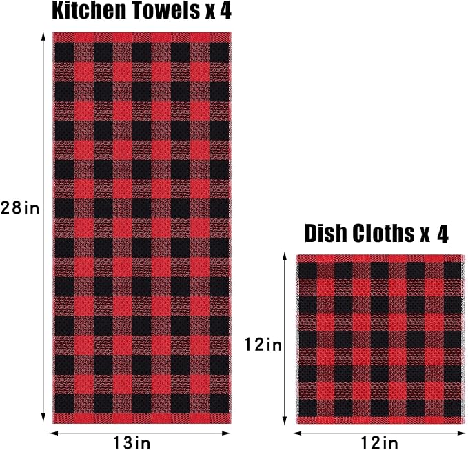 Homaxy Kitchen Towels and Dishcloths Set, Set of 8, Red & Black | Bulk Cotton Waffle Weave Check Plaid Kitchen Towels, Super Soft and Absorbent Dish Cloths, 12 x 12 and 13 x 28 Inches - Image 3