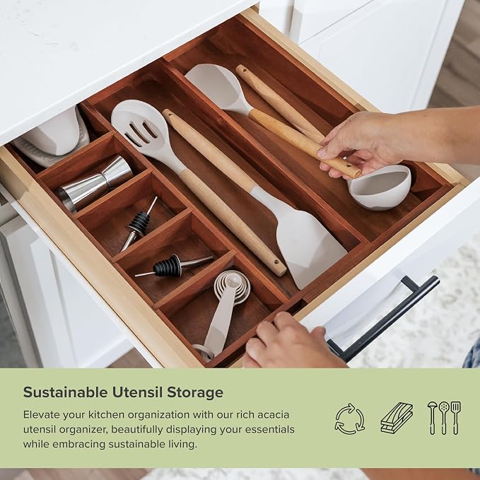 Utensil & Junk Drawer Organizer, 10.5-18.5 in, Acacia | Food-safe contract grade, 100% sustainable wood, non-slip, adjustable - Image 5