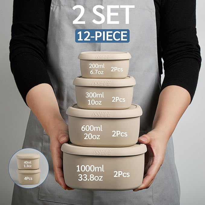 ISSEVE 12Pcs/Set Nesting Silicone Food Storage Containers with Lids | BPA-free, Reusable, Meal Prep Containers, Small Freezer Portions, Dishwasher Cleaning, Nested Cabinet Storage, 5 Sizes, Beige - Image 3