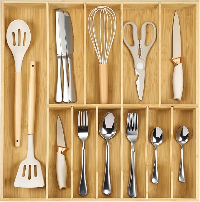 Fabsome Silverware Organizer for Kitchen Drawers, 2.5'' Deep 18.8'' Wide Bamboo Wood Flatware Tray with Deep Slots for Large Cutlery Utensil Drawer by Fabsome