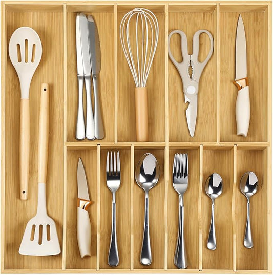 Fabsome Silverware Organizer for Kitchen Drawers, 2.5'' Deep 18.8'' Wide Bamboo Wood Flatware Tray with Deep Slots for Large Cutlery Utensil Drawer by Fabsome