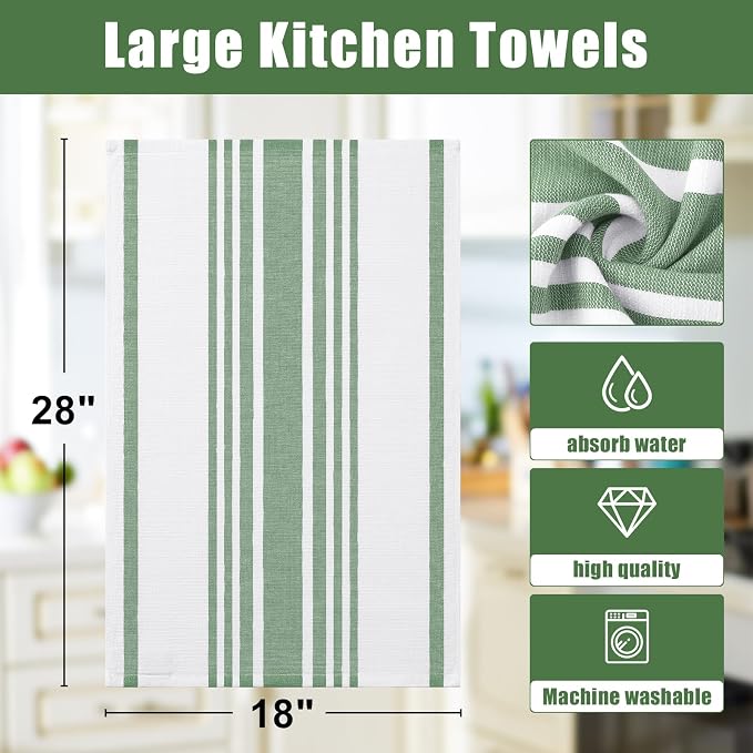 Homaxy Premium Cotton Stripe Kitchen Towels 6 Pack, 18"x 28", Grass Green | Large 380 GSM Kitchen Hand Towels, Soft Terry Dish Towels, Highly Absorbent Tea Towel Set with Hanging Loop - Image 8